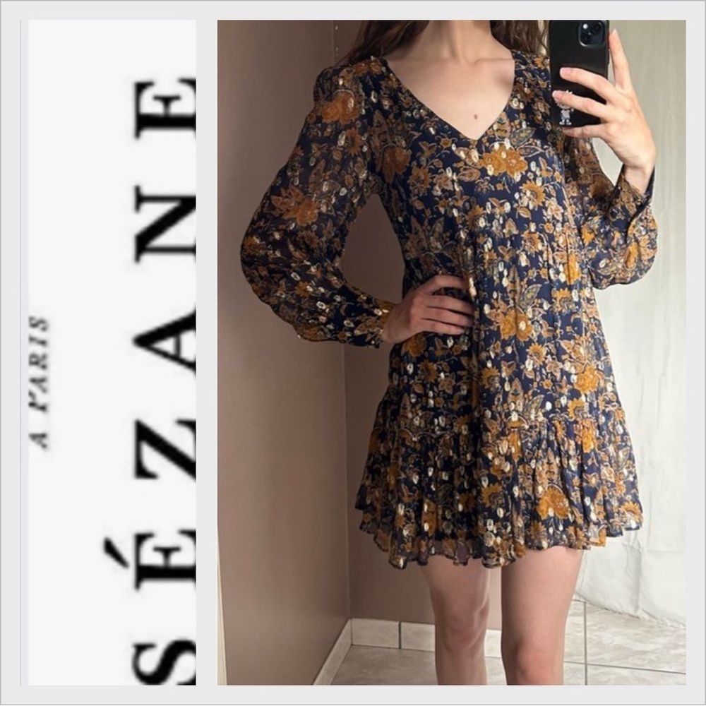 NWOT Sezane Floral Mini Silk-Blend Long-Sleeve Dress 38